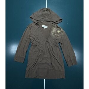 Vintage Y2K Fox Racing Hoodie Womens Small Brown Gold Grunge V-Neck Empire Waist